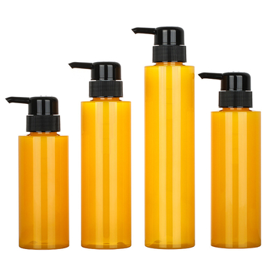 Disesuaikan PET Round Lotion Pump Shampoo Bottle Cylinder Yellow color