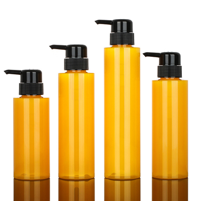 Disesuaikan PET Round Lotion Pump Shampoo Bottle Cylinder Yellow color