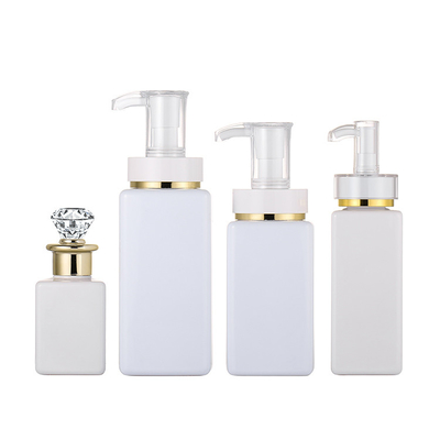 Kualitas Tinggi Mewah Putih Menyesuaikan Square Shampoo Hair Lotion Botol Dengan Diamond Gold Rim Cap